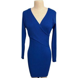 Charlotte Russe Ribbed Knit Royal Blue Wrap Dress Long Sleeve Womens L